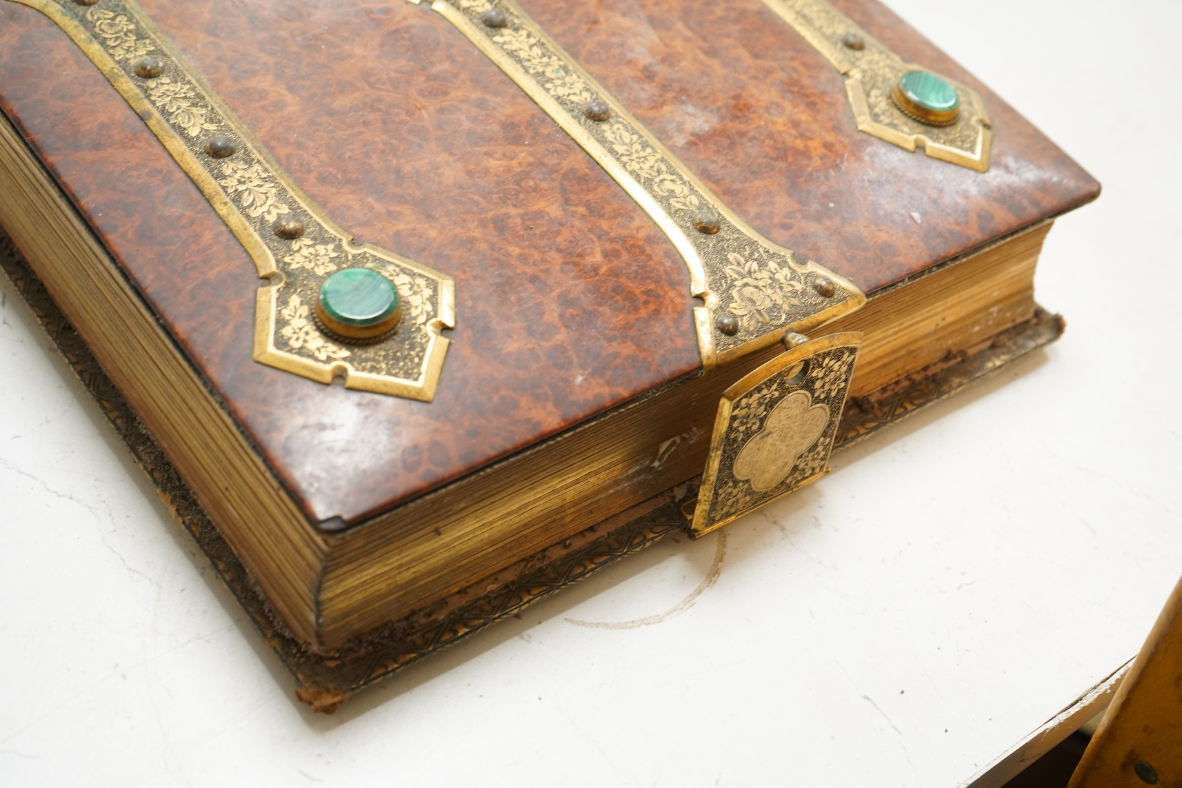 A Victorian malachite mounted amboyna family photograph album, 23cm x 30cm